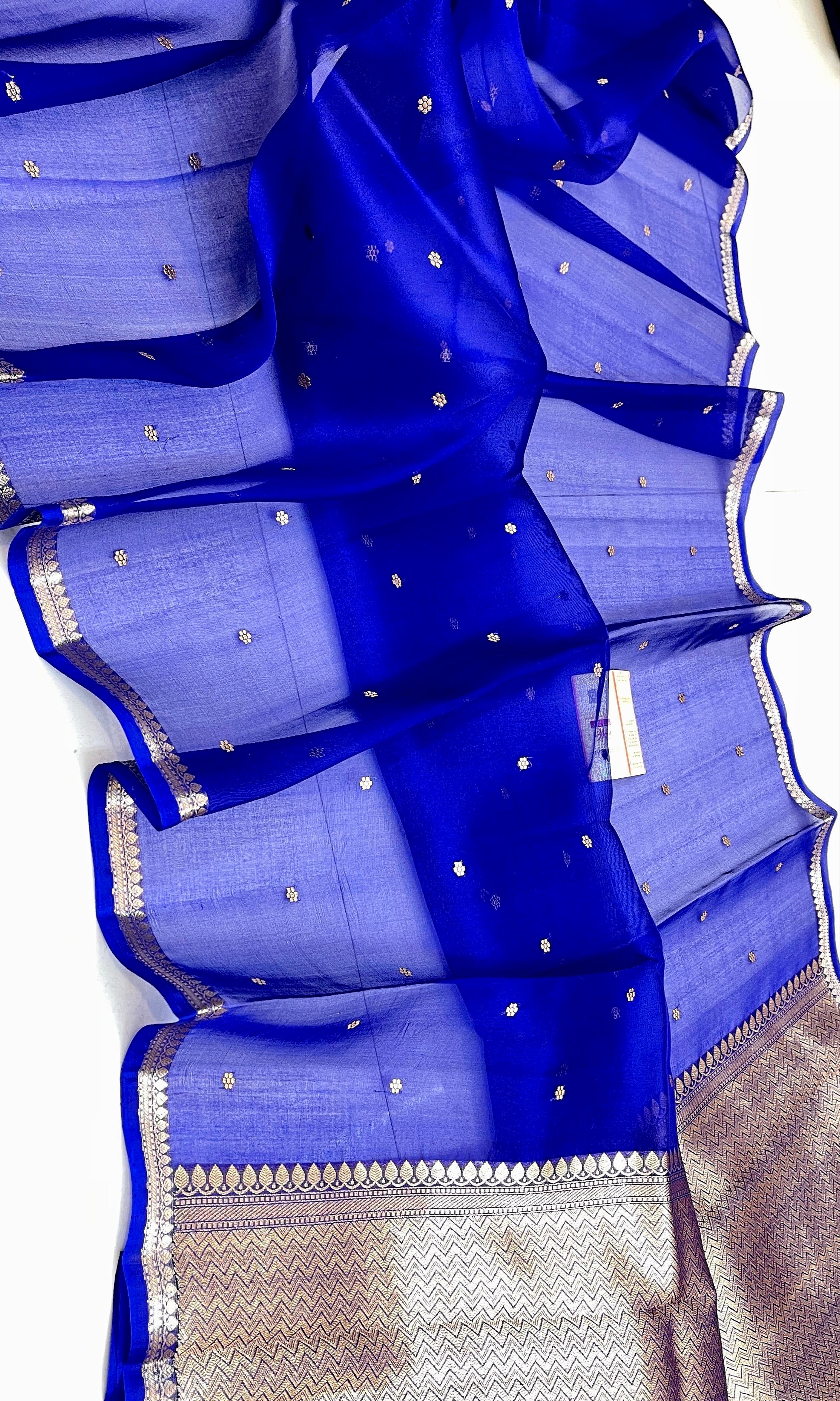 Royal Blue Shade Handwoven Pure Reshmi Kora Organza Silk