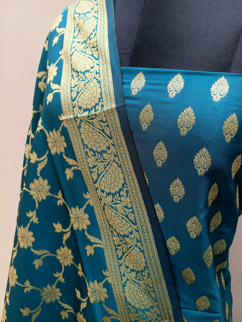 Teal Green Shade Banarasi Silk Temple Ghat Style Suit Set