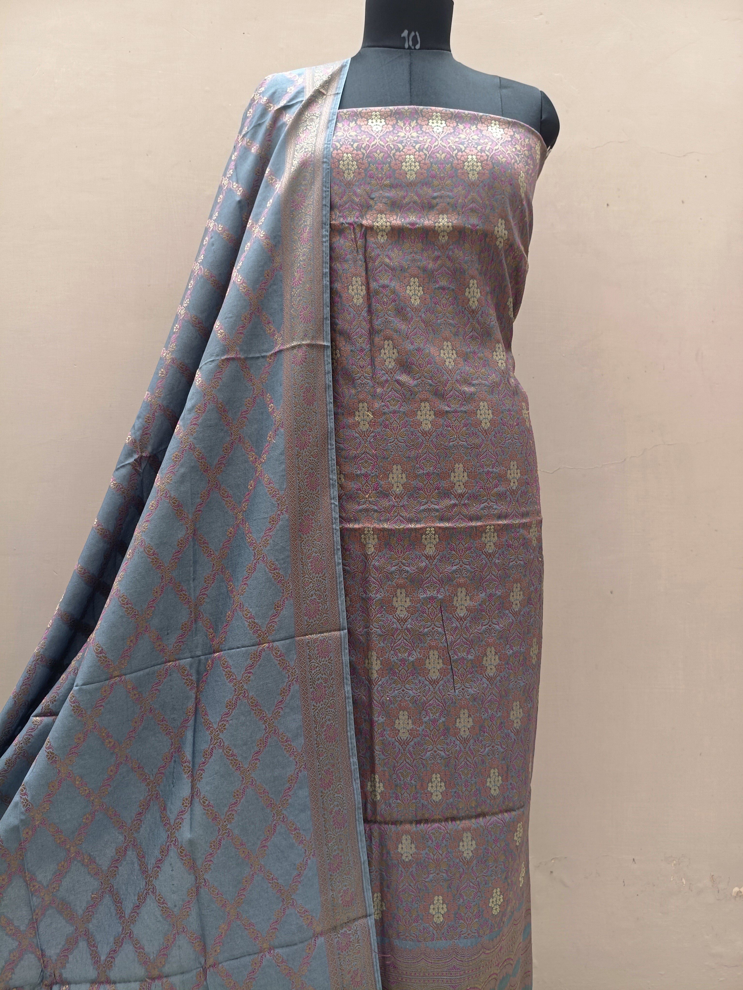 Ash Grey Shade Pure Khimkhaab Jamdani Suit Set