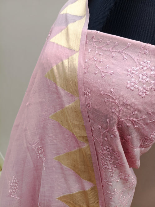 Baby Pink Shade Chikankari Work Mul Silk Suit Set