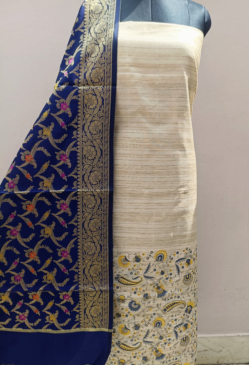 Beige with Blue Shade Matka Linen Silk Suit Set