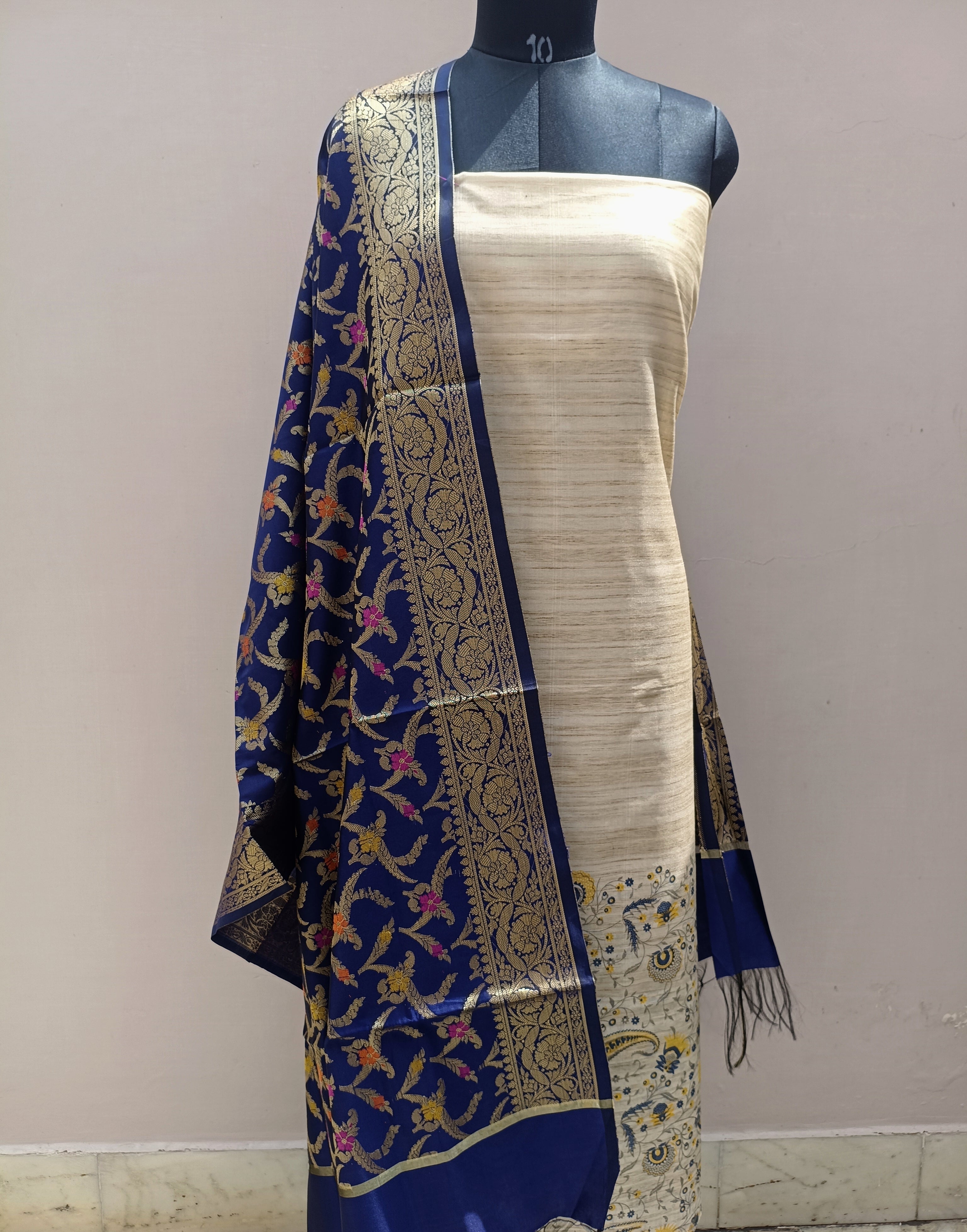 Beige with Blue Shade Matka Linen Silk Suit Set