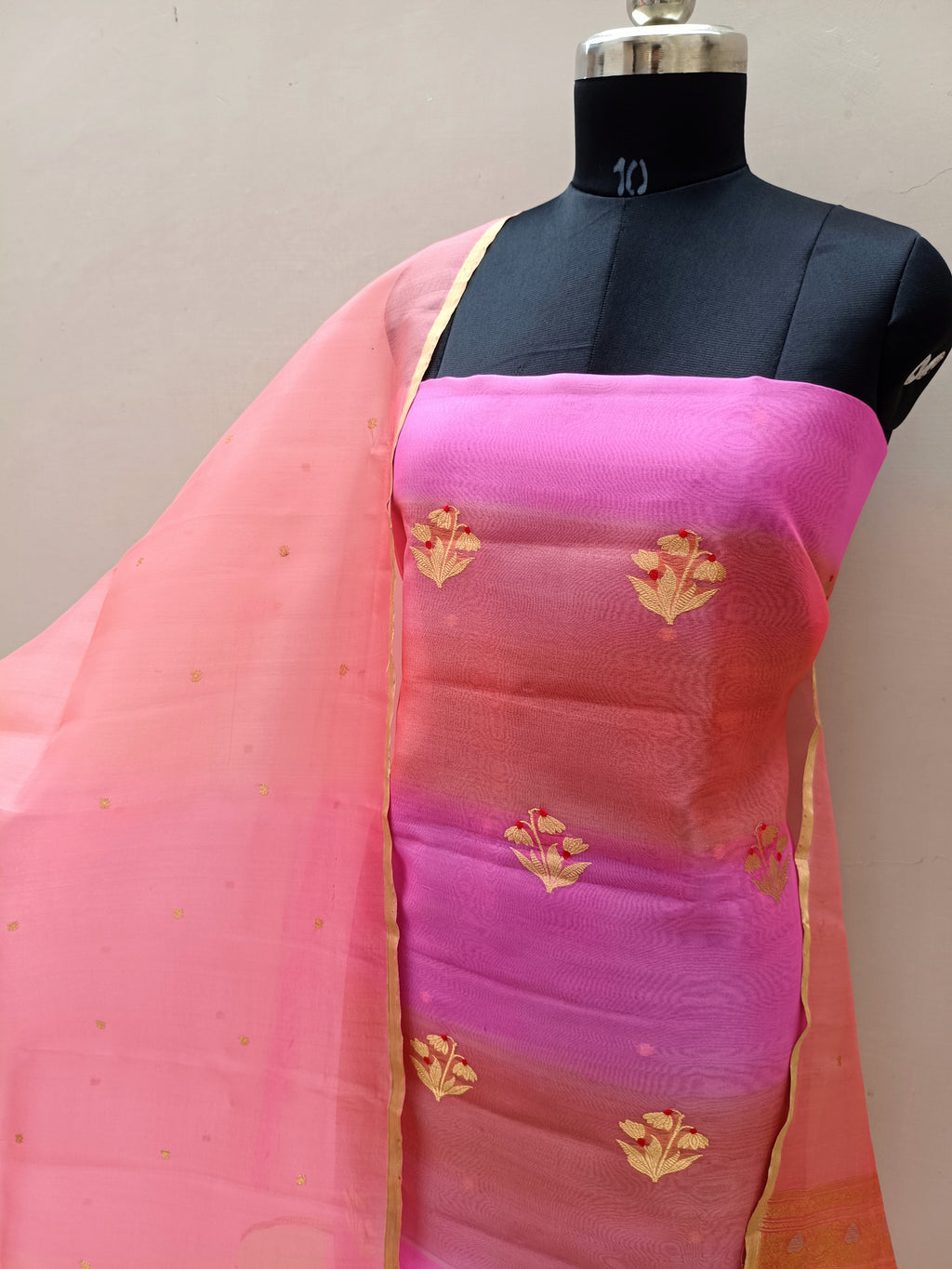 Peach Pink Shade Pure Reshmi Organza Silk Suit Set