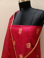 Crimson Red Shade Handwoven Pure Raw Kataan Silk Suit Set