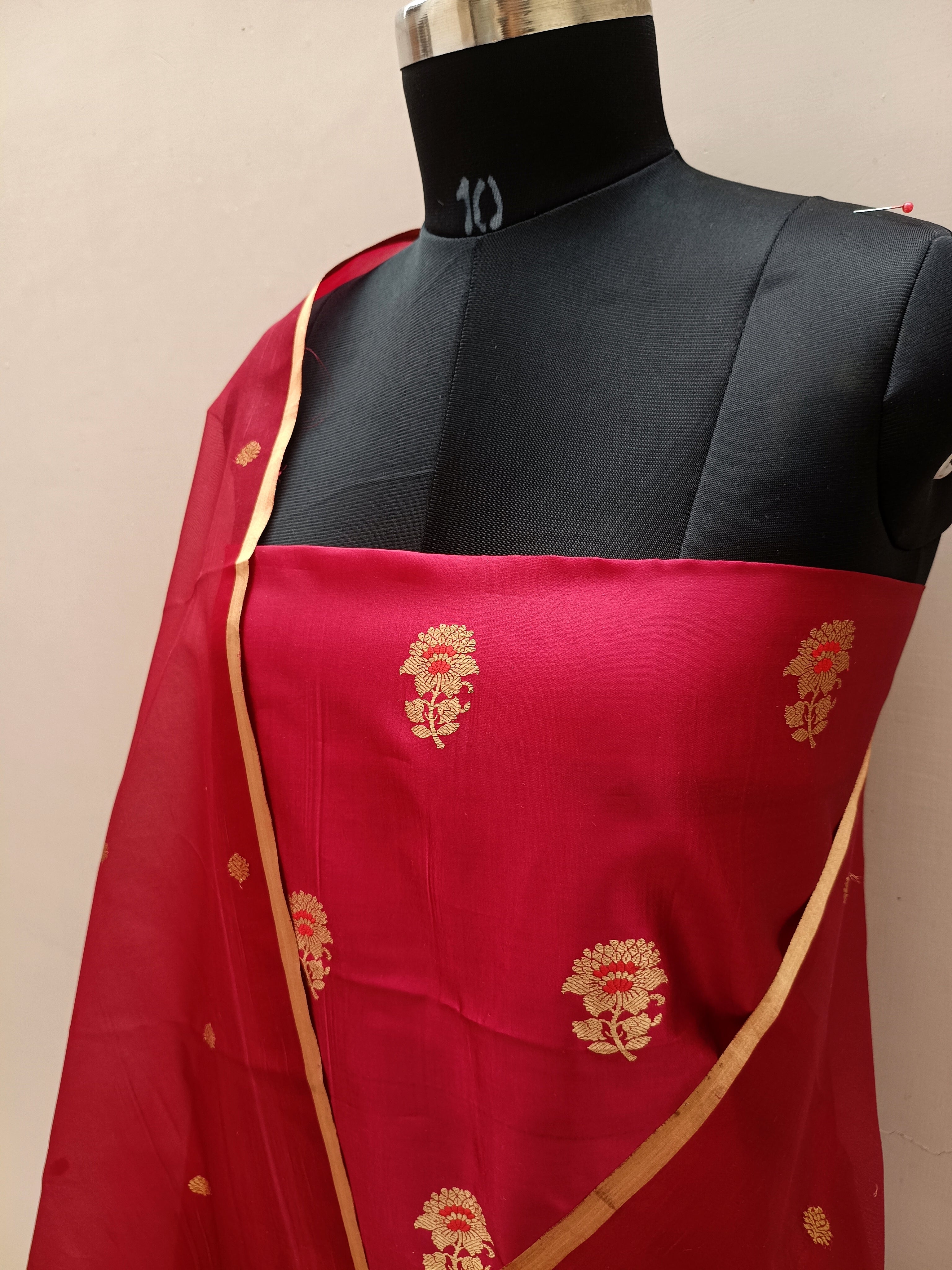 Crimson Red Shade Handwoven Pure Raw Kataan Silk Suit Set