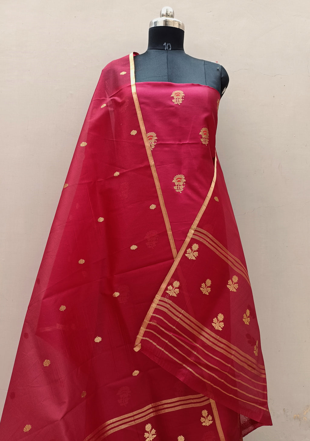 Crimson Red Shade Handwoven Pure Raw Kataan Silk Suit Set