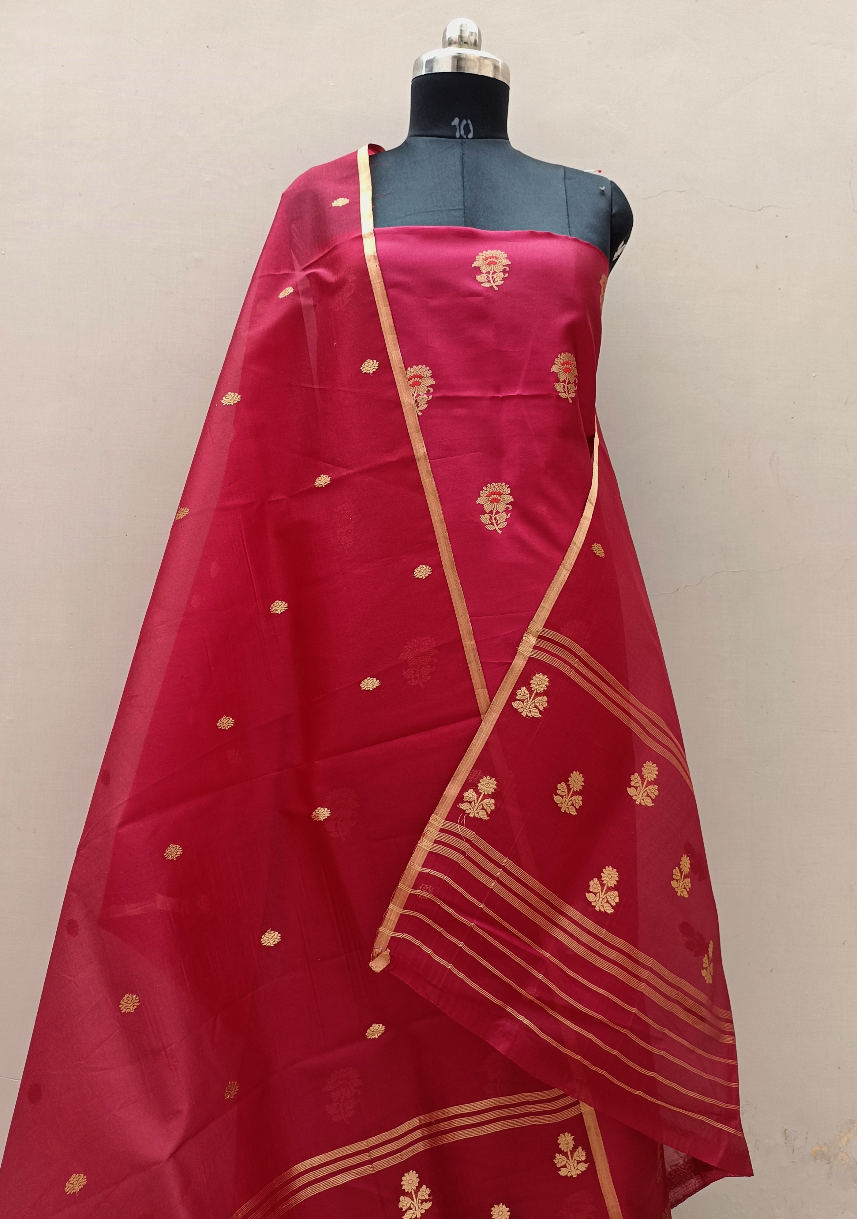 Crimson Red Shade Handwoven Pure Raw Kataan Silk Suit Set