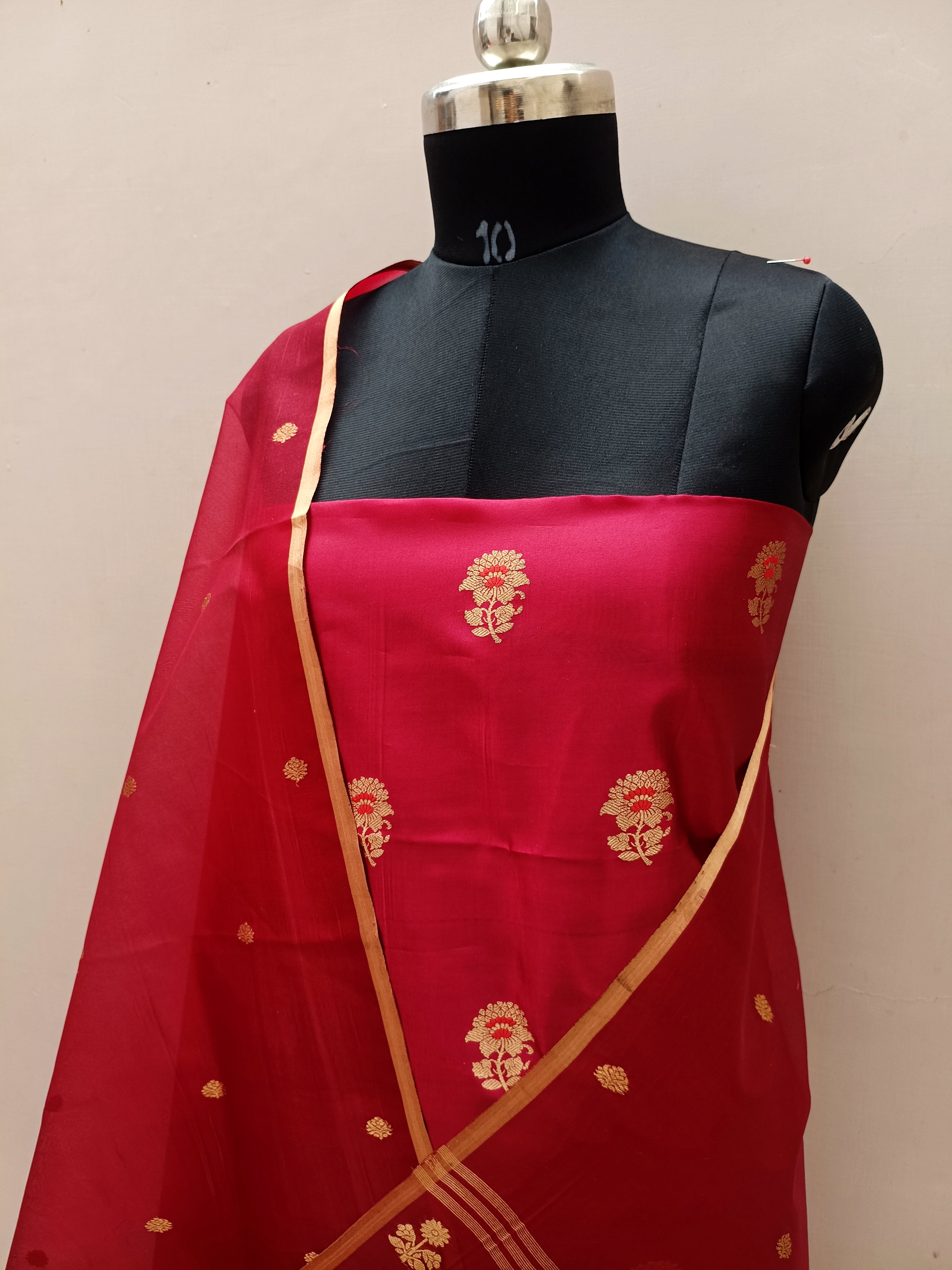 Crimson Red Shade Handwoven Pure Raw Kataan Silk Suit Set