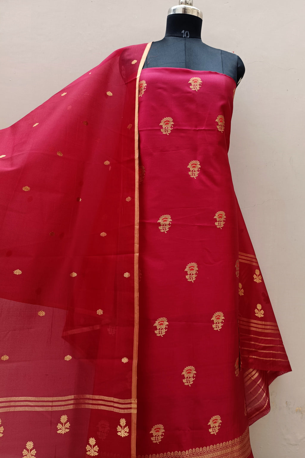 Cherry Red Shade Handwoven Raw Kataan Silk Suit Set