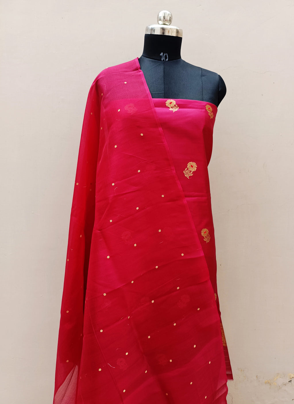 Cherry Red Shade Handwoven Raw Kataan Silk Suit Set