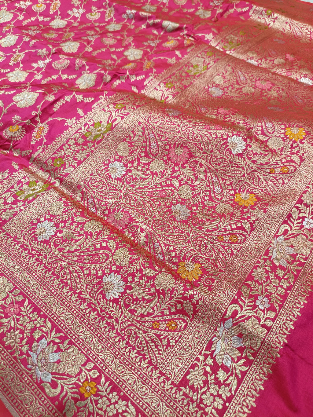 Hot Pink Shade Handwoven Kataan Silk Meenakari Jangla