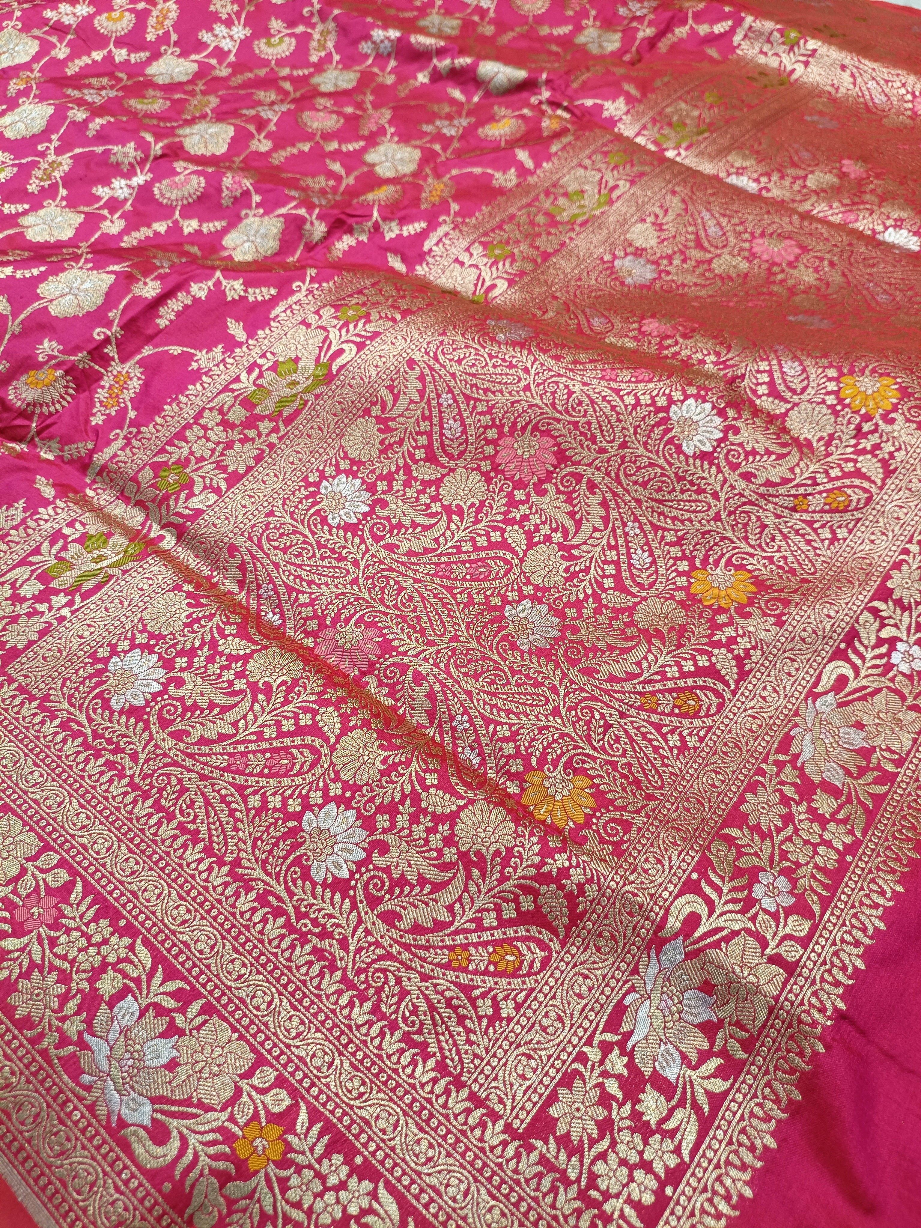 Hot Pink Shade Handwoven Kataan Silk Meenakari Jangla