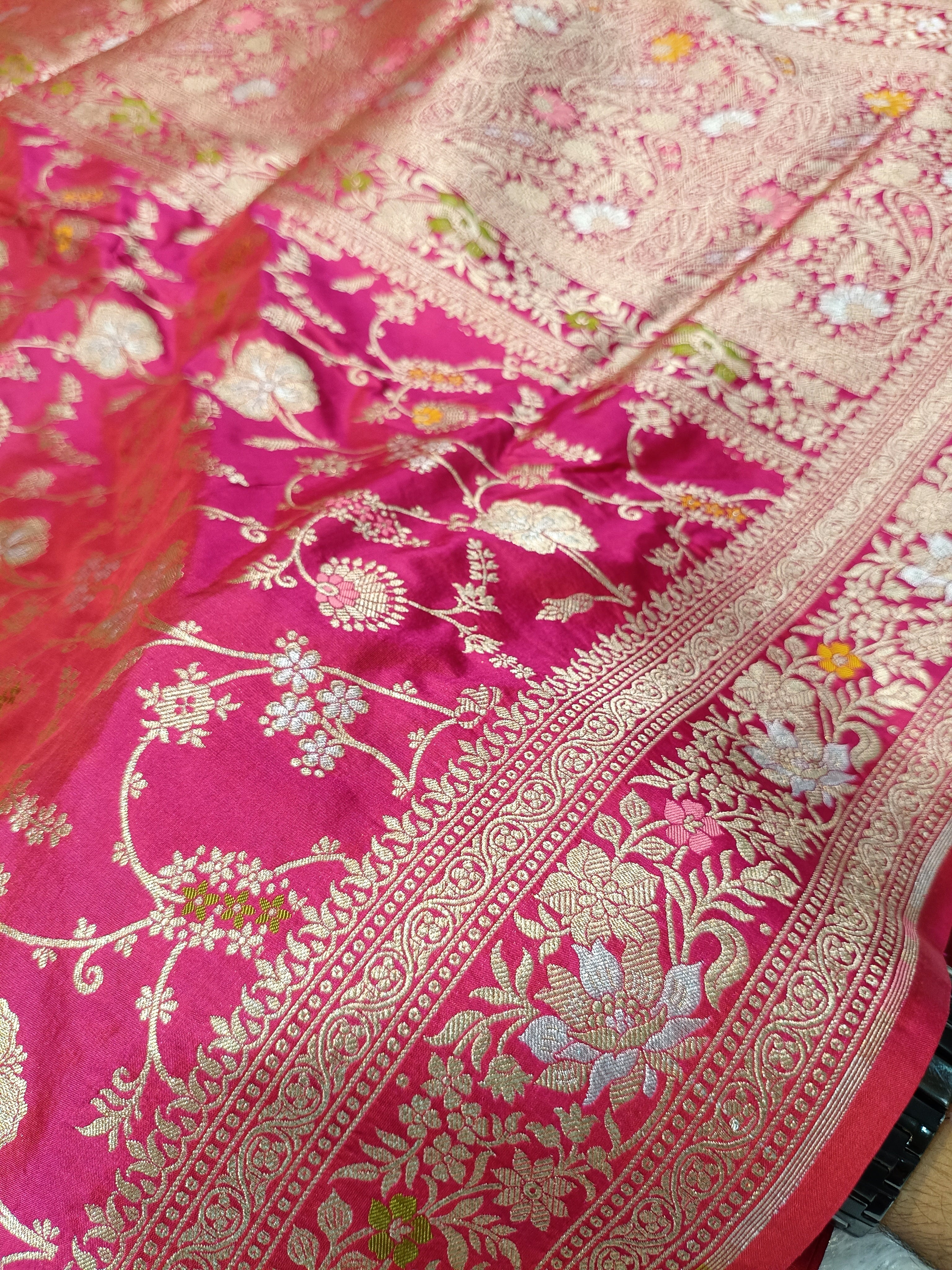 Hot Pink Shade Handwoven Kataan Silk Meenakari Jangla