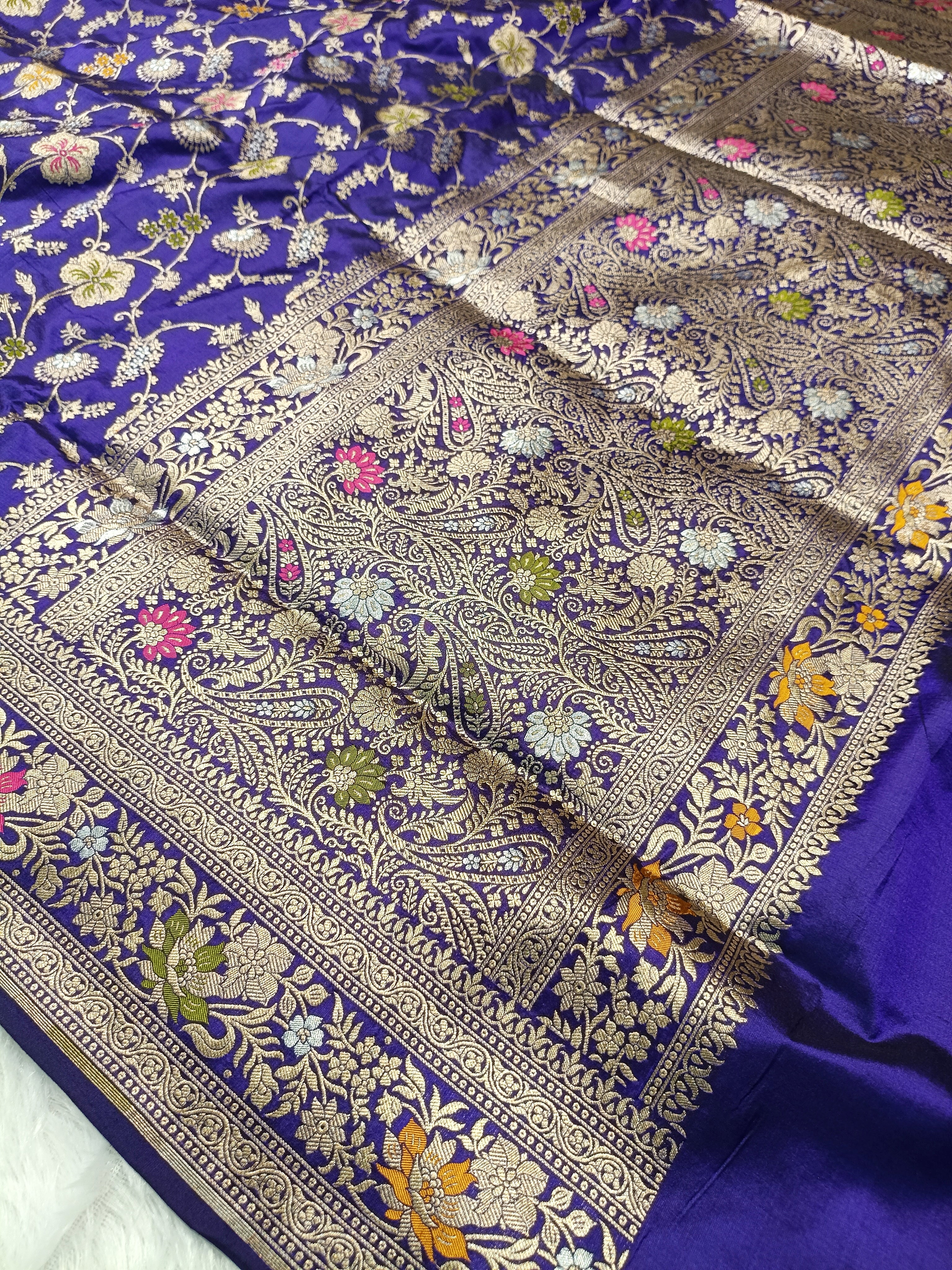 Royal Blue Shade Handwoven Kataan Silk Meenakari Jangla