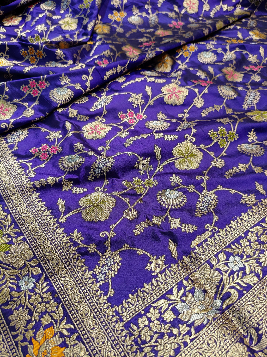 Royal Blue Shade Handwoven Kataan Silk Meenakari Jangla