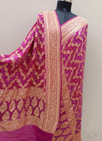 Rani Pink Shade Handwoven Khaddi Chiffon Bandhani Dupatta