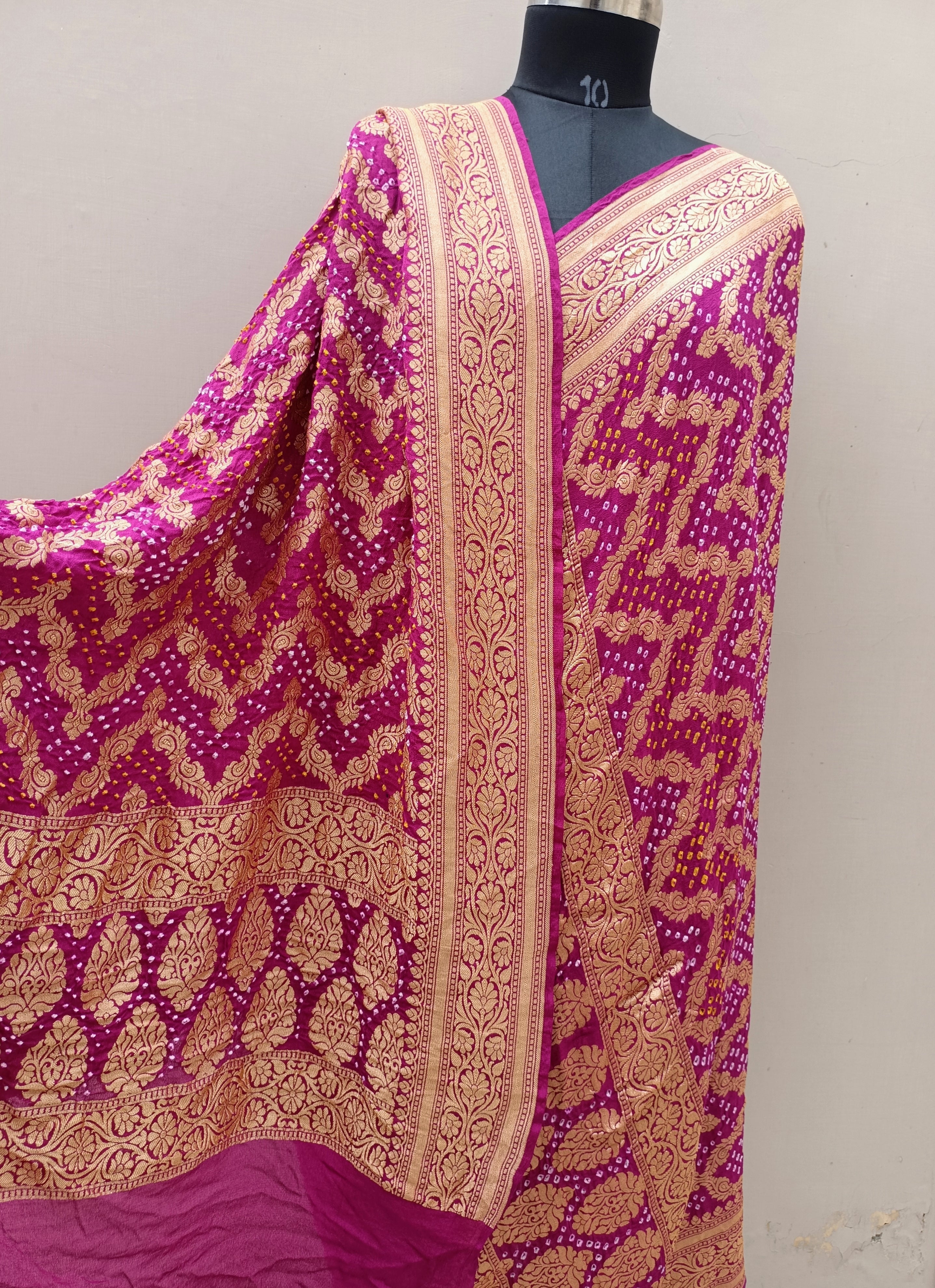 Rani Pink Shade Handwoven Khaddi Chiffon Bandhani Dupatta