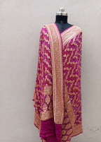 Rani Pink Shade Handwoven Khaddi Chiffon Bandhani Dupatta