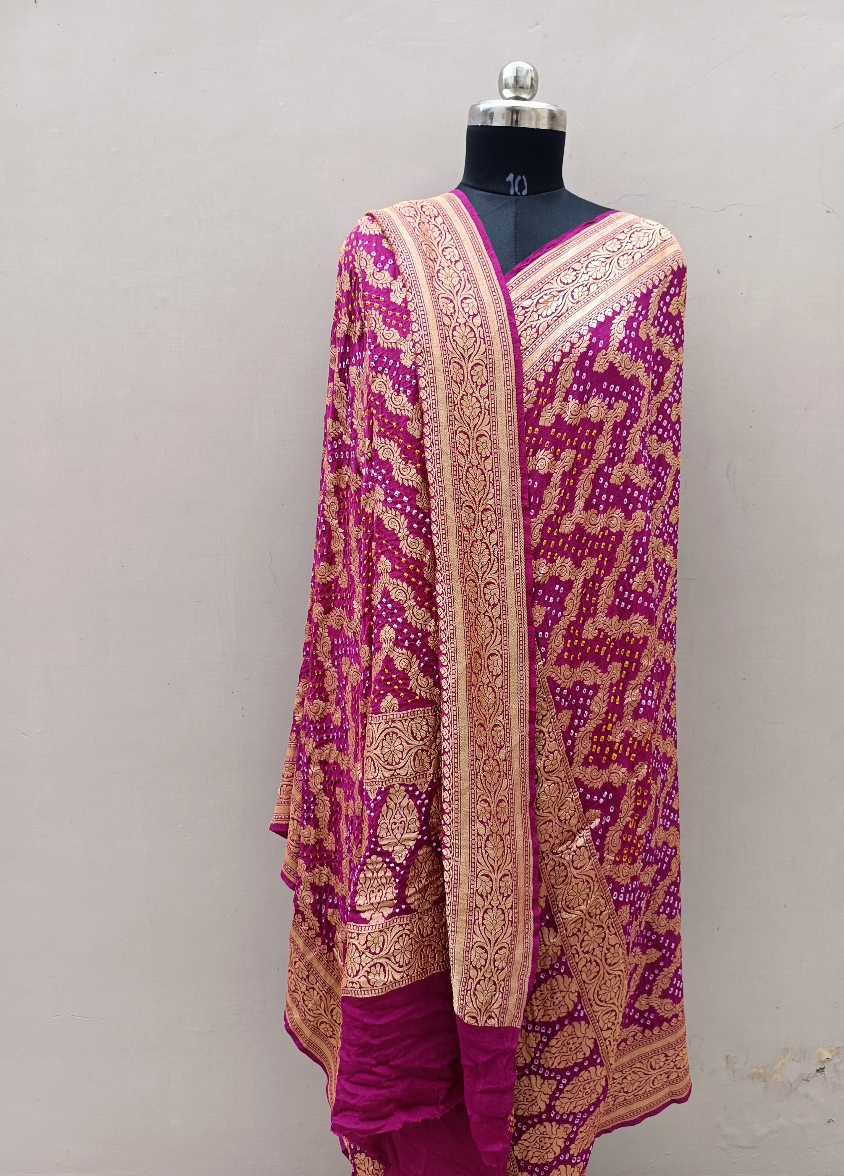 Rani Pink Shade Handwoven Khaddi Chiffon Bandhani Dupatta
