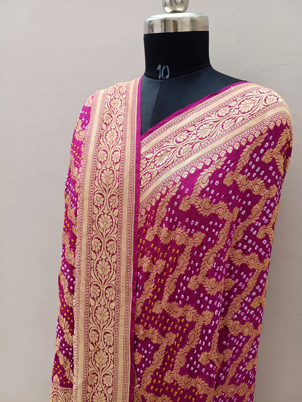 Rani Pink Shade Handwoven Khaddi Chiffon Bandhani Dupatta
