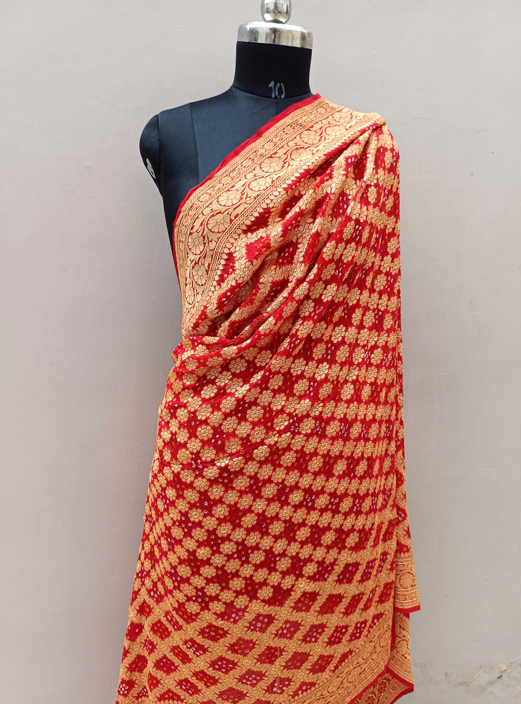 Red Shade Handwoven Khaddi Chiffon Bandhani Dupatta