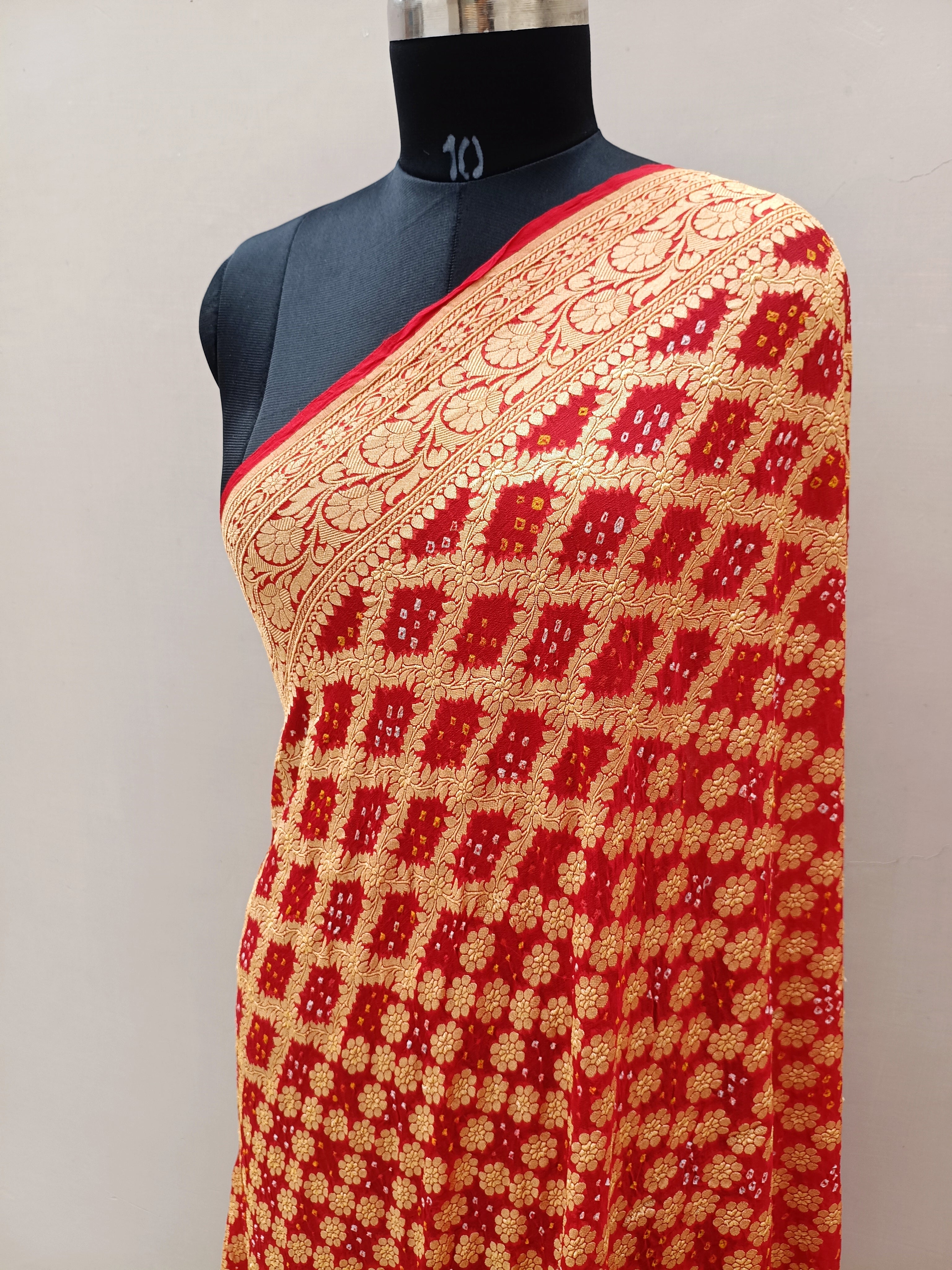 Red Shade Handwoven Khaddi Chiffon Bandhani Dupatta