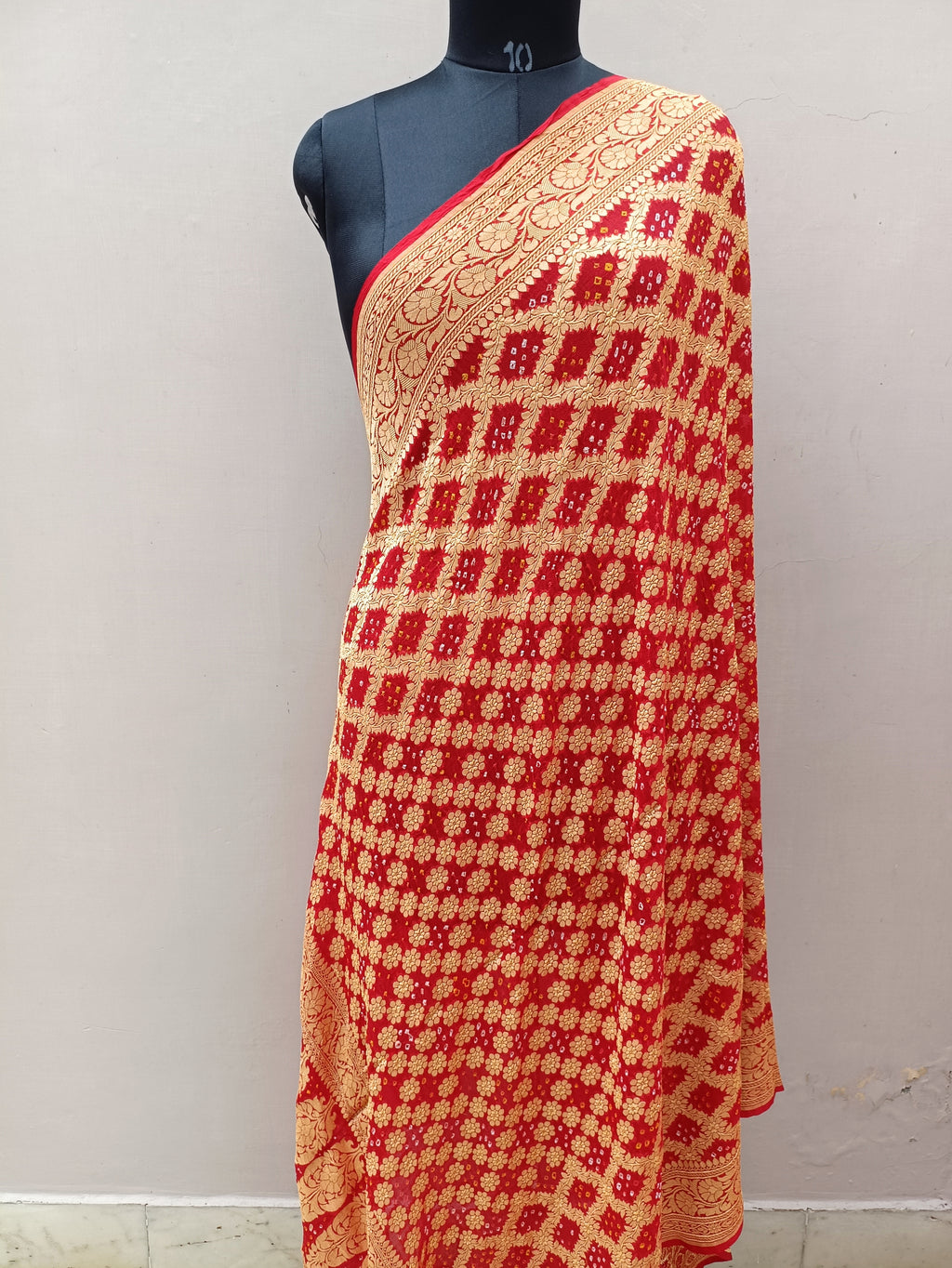 Red Shade Handwoven Khaddi Chiffon Bandhani Dupatta