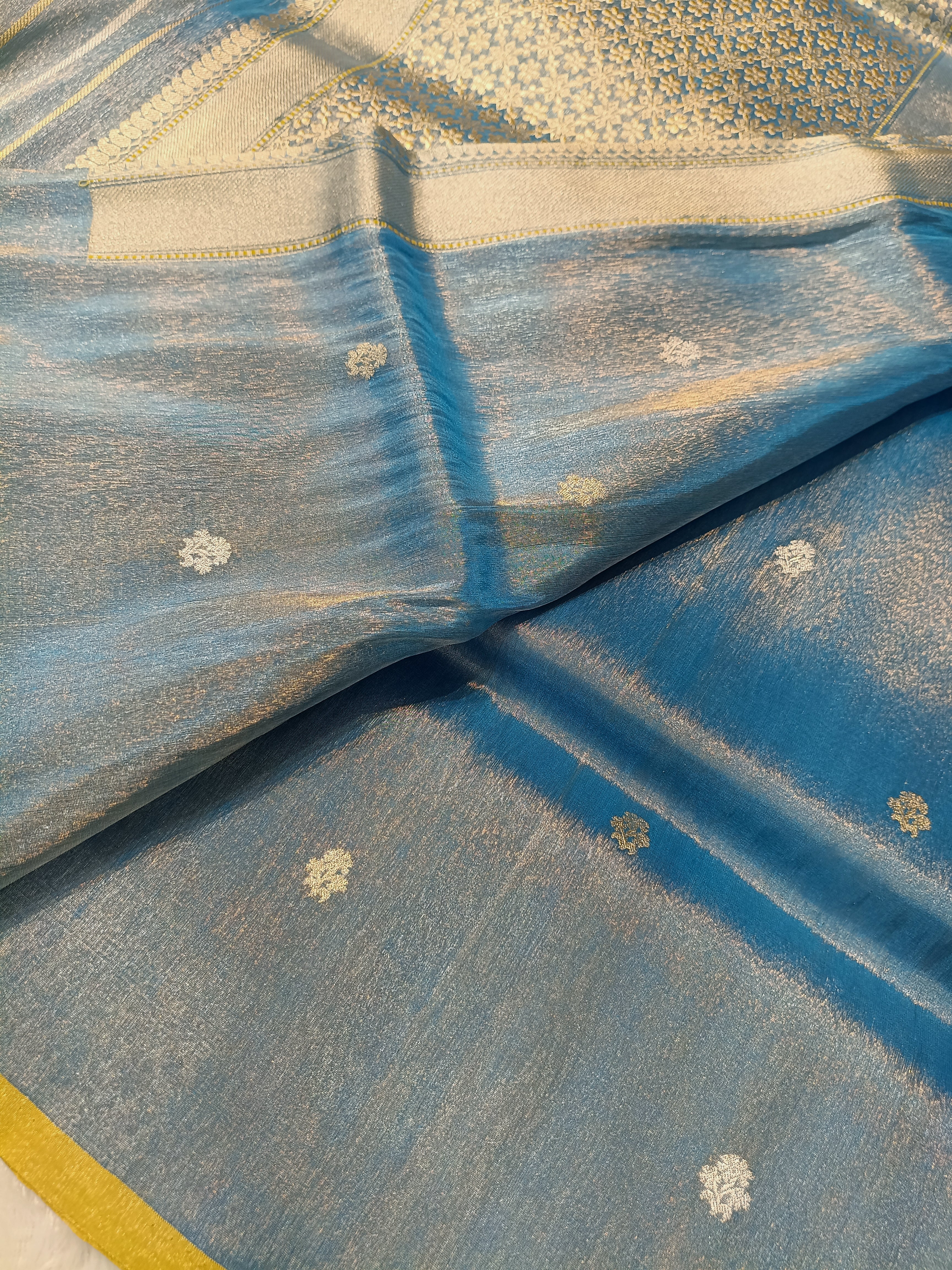Firozi Blue Shade Handwoven Kataan  Ektara Tissue Banarasi