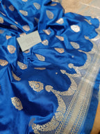 Cobalt Blue Shade Handwoven Kataan Mashru Silk Saree