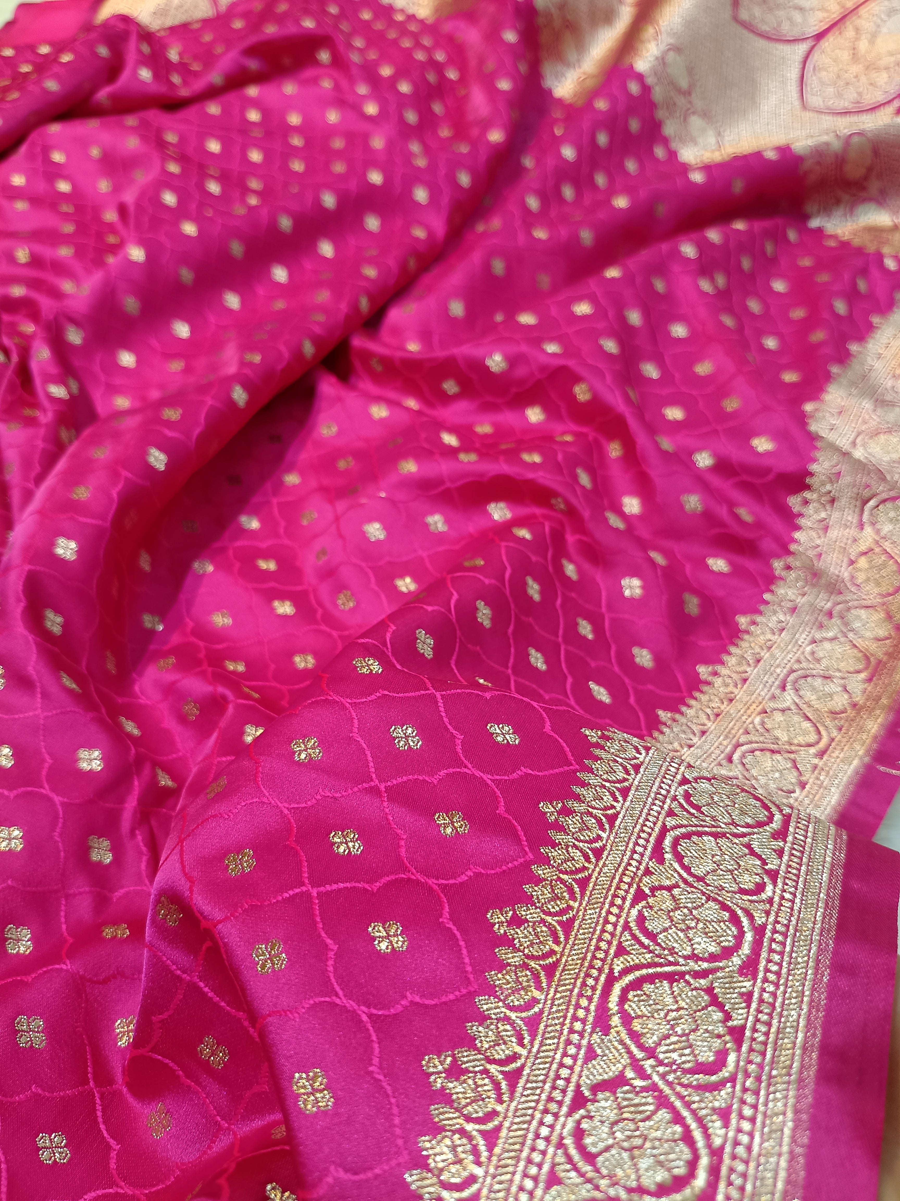 Hot Pink Shade Handwoven Kataan Mashru Silk Saree
