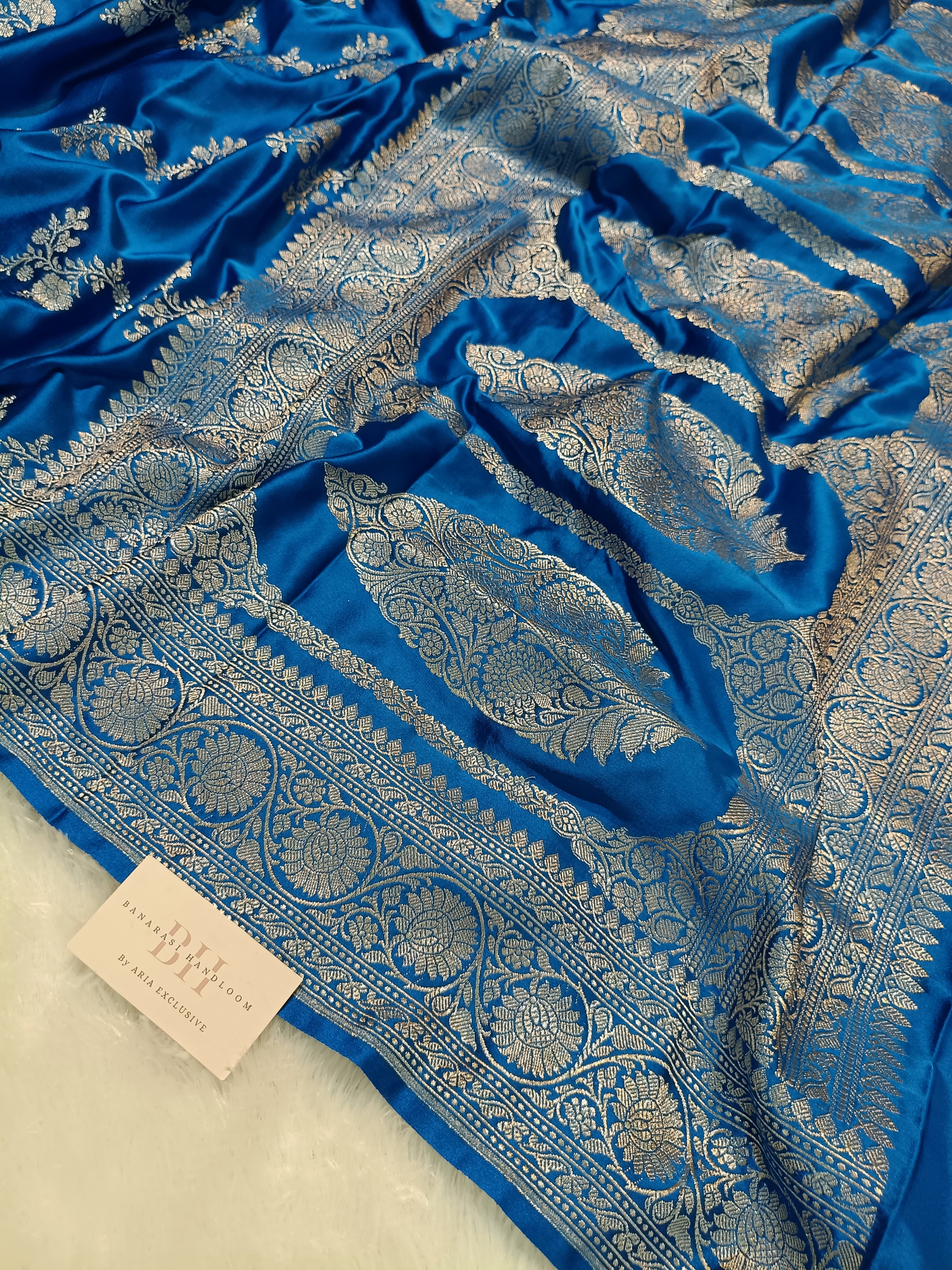 Cobalt Blue Shade Handwoven Kataan Mashru Silk Saree
