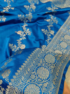 Cobalt Blue Shade Handwoven Kataan Mashru Silk Saree