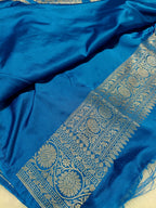 Cobalt Blue Shade Handwoven Kataan Mashru Silk Saree