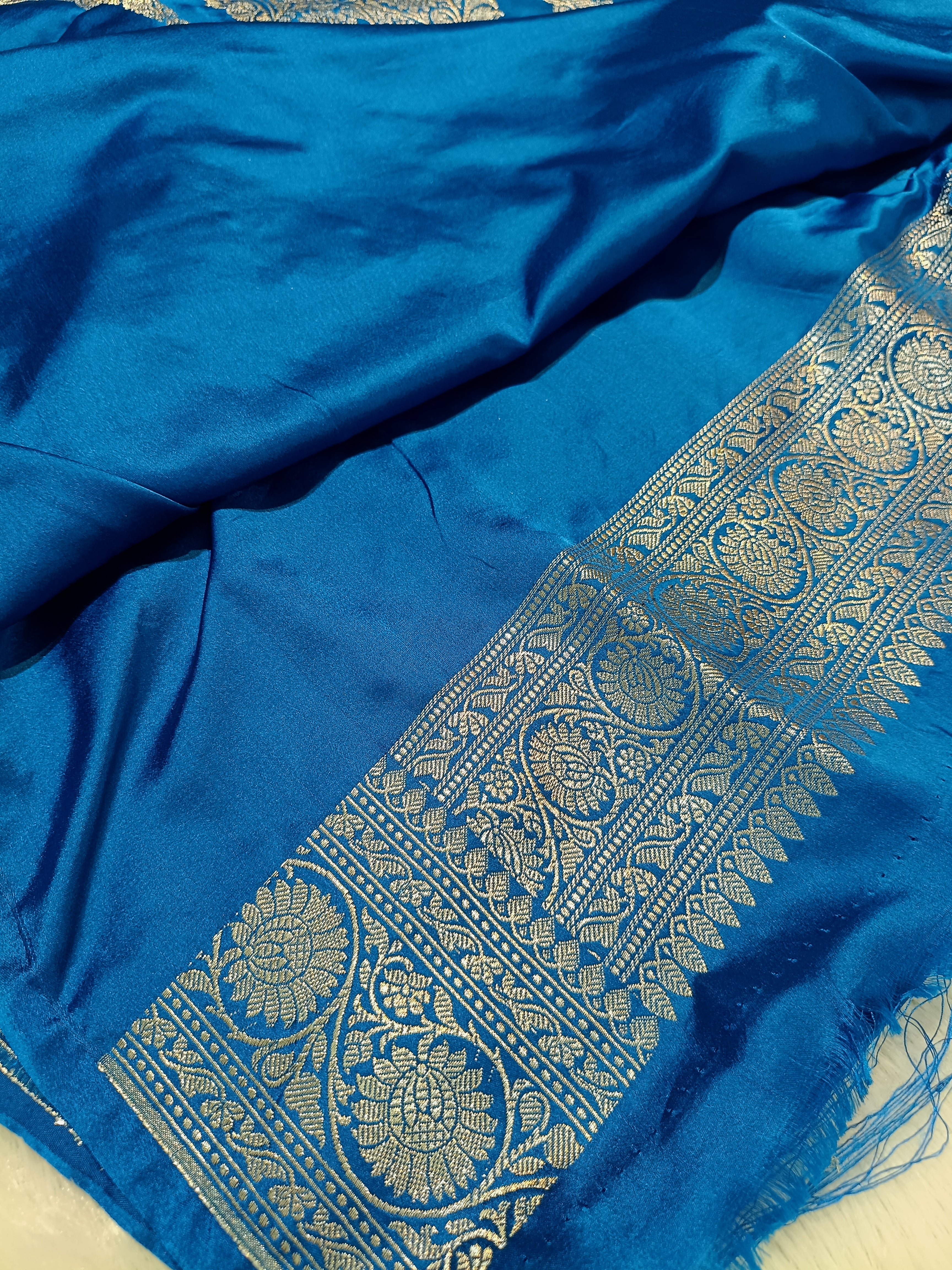 Cobalt Blue Shade Handwoven Kataan Mashru Silk Saree