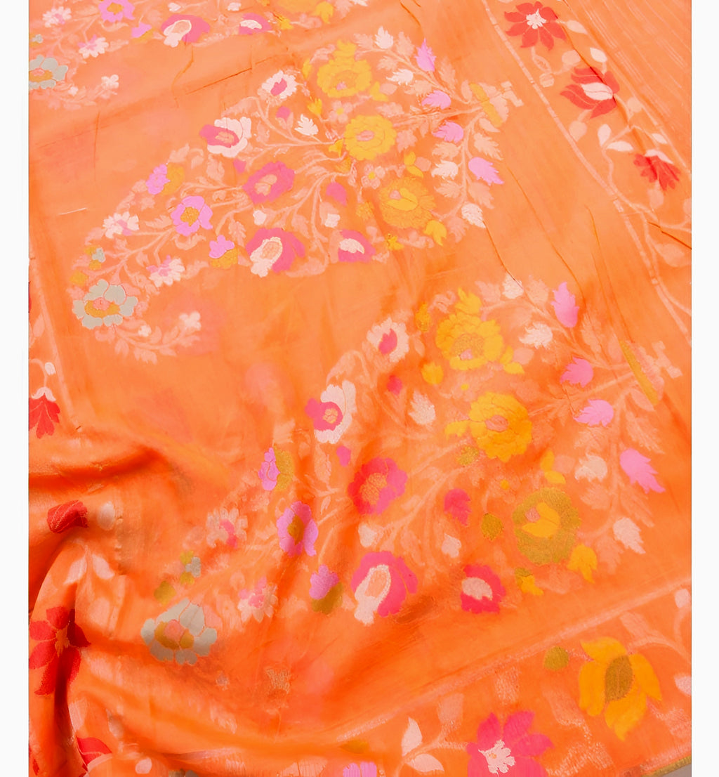 Fanta Orange Shade Handwoven Muslin Kora Ektara Jamdani Saree