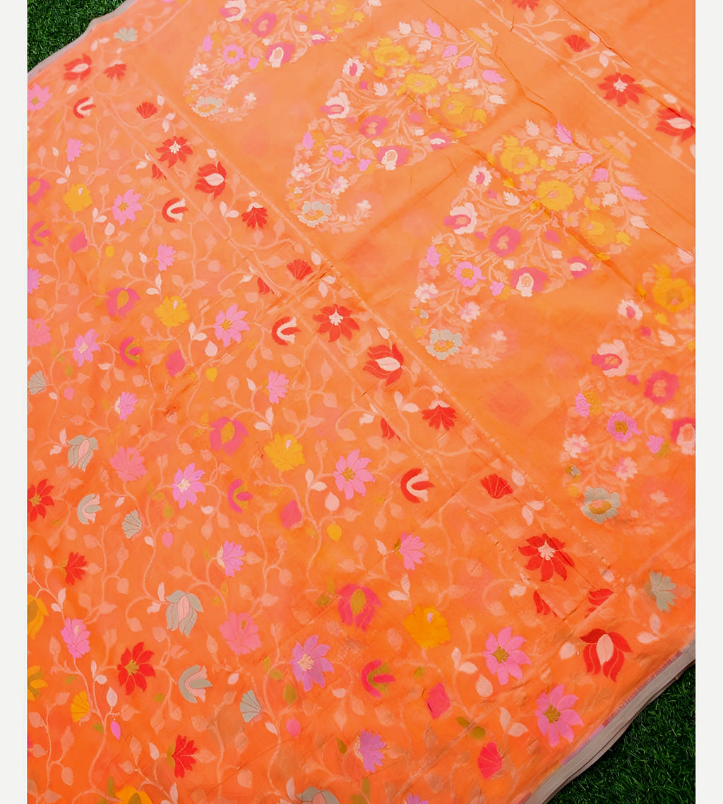 Fanta Orange Shade Handwoven Muslin Kora Ektara Jamdani Saree