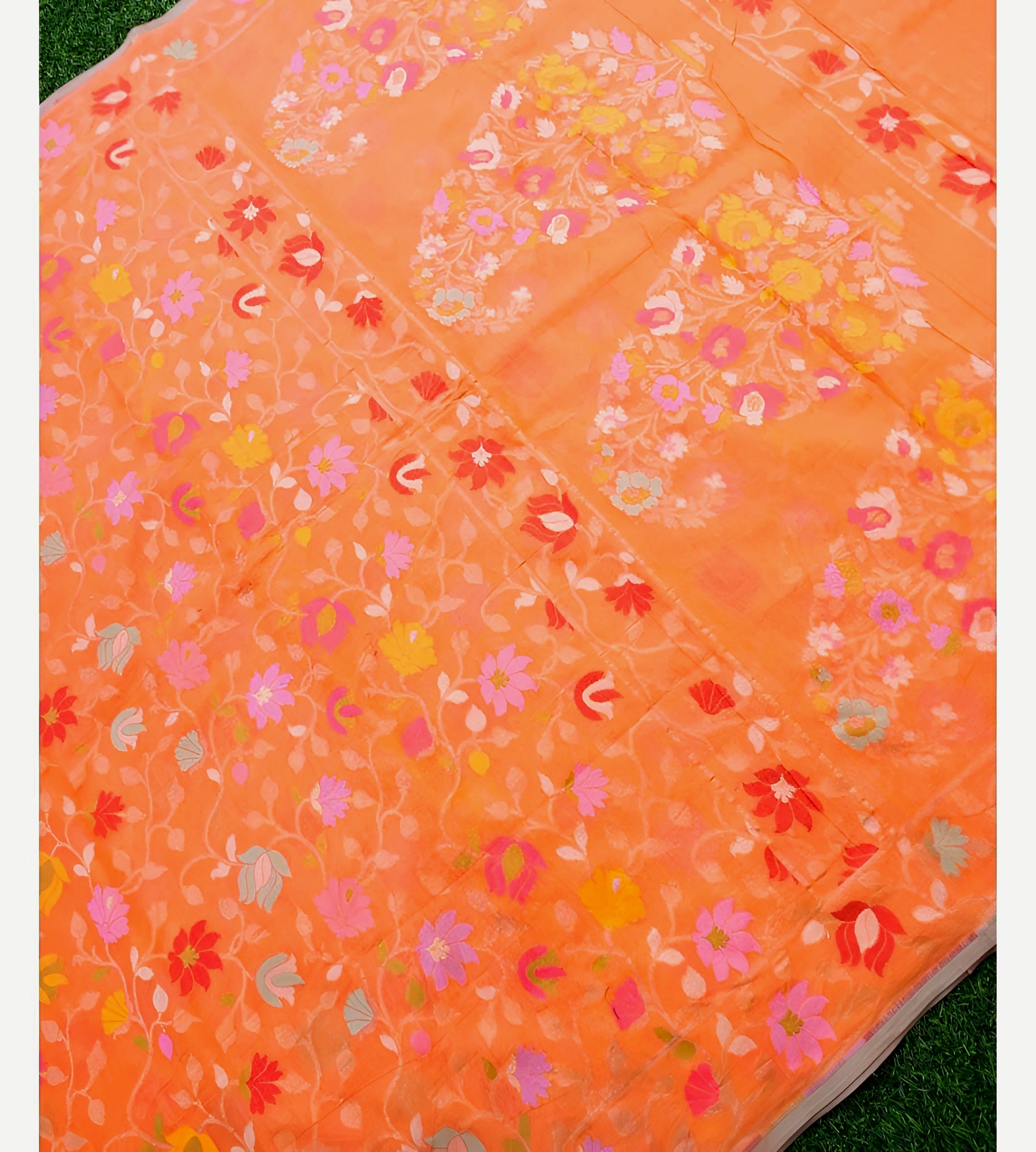 Fanta Orange Shade Handwoven Muslin Kora Ektara Jamdani Saree