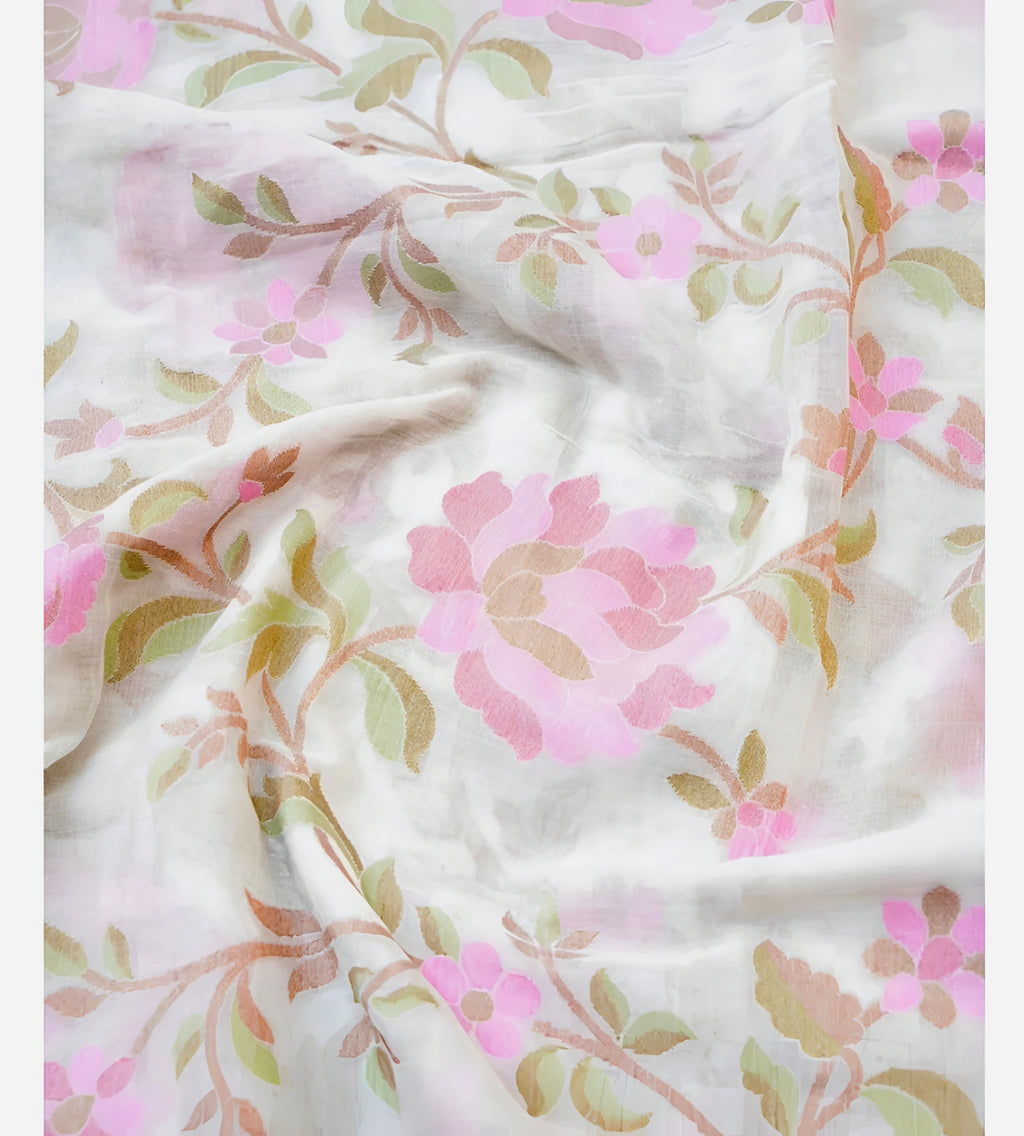 Shwetambari Handwoven Muslin Kora Ektara Jamdani Saree