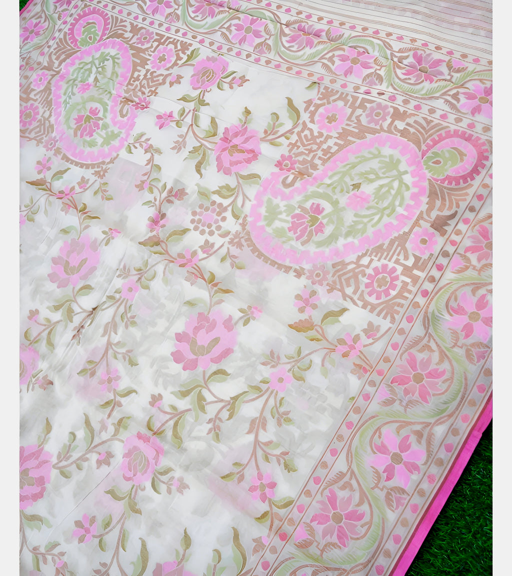 Shwetambari Handwoven Muslin Kora Ektara Jamdani Saree