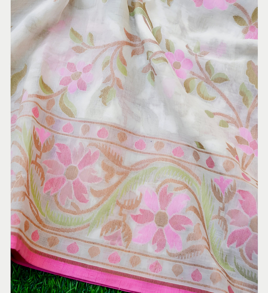 Shwetambari Handwoven Muslin Kora Ektara Jamdani Saree