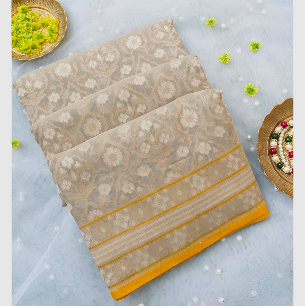 Off White Beige Handwoven Muslin Kora Ektara Jamdani Saree