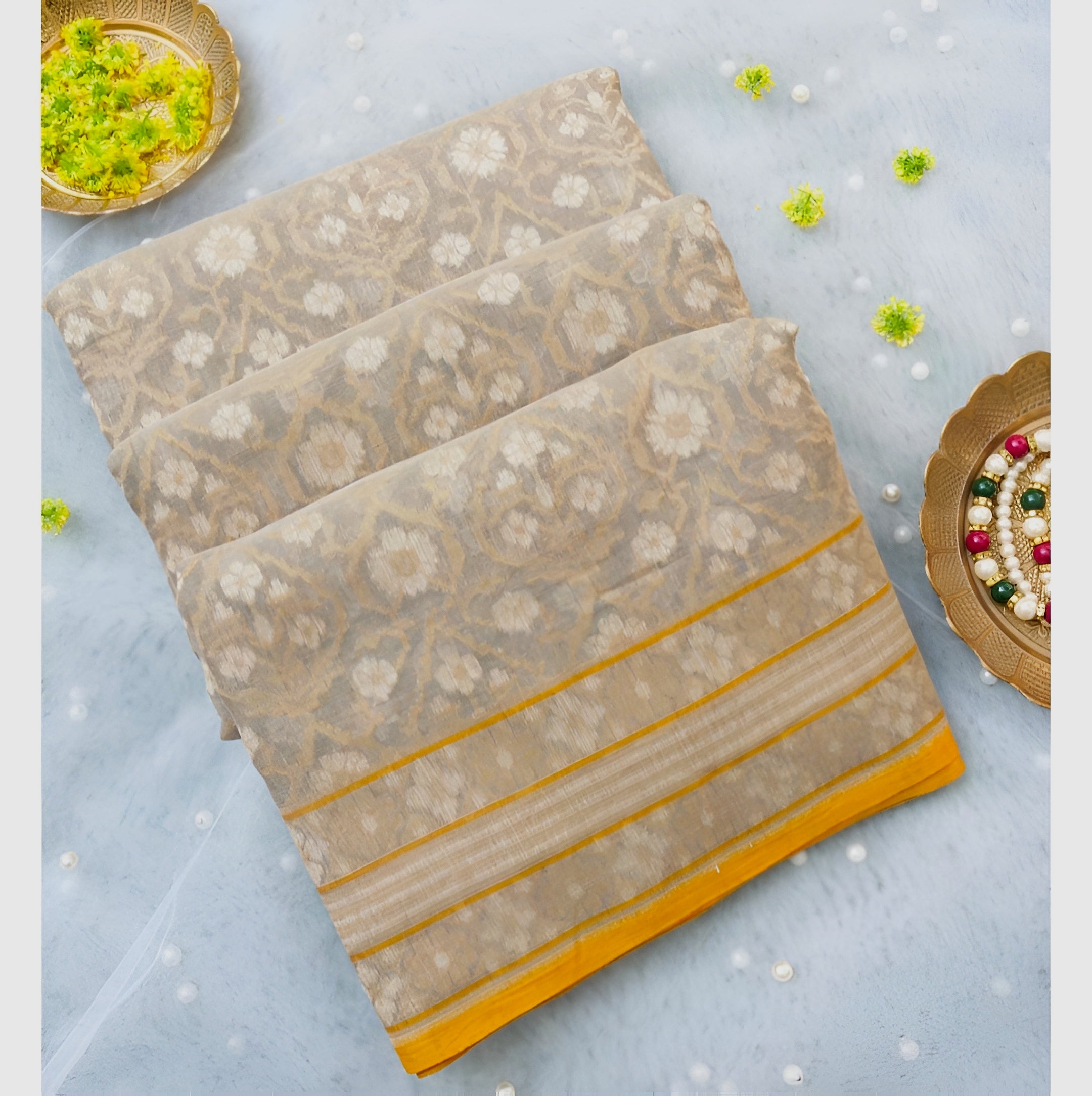Off White Beige Handwoven Muslin Kora Ektara Jamdani Saree