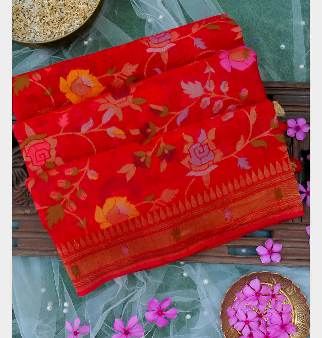 Bridal Red Shade Handwoven Muslin Kora Ektara Jamdani Saree
