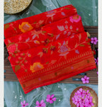 Bridal Red Shade Handwoven Muslin Kora Ektara Jamdani Saree