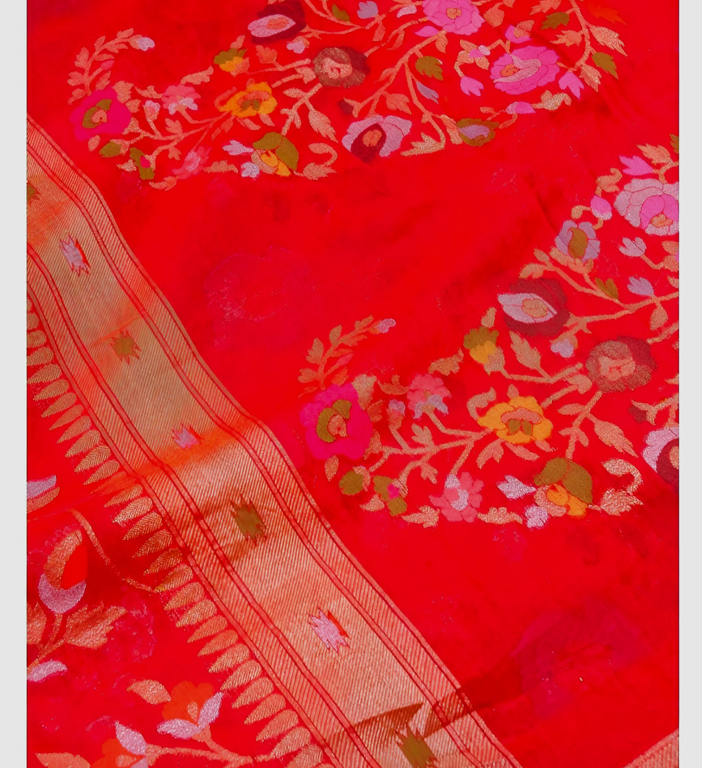 Bridal Red Shade Handwoven Muslin Kora Ektara Jamdani Saree