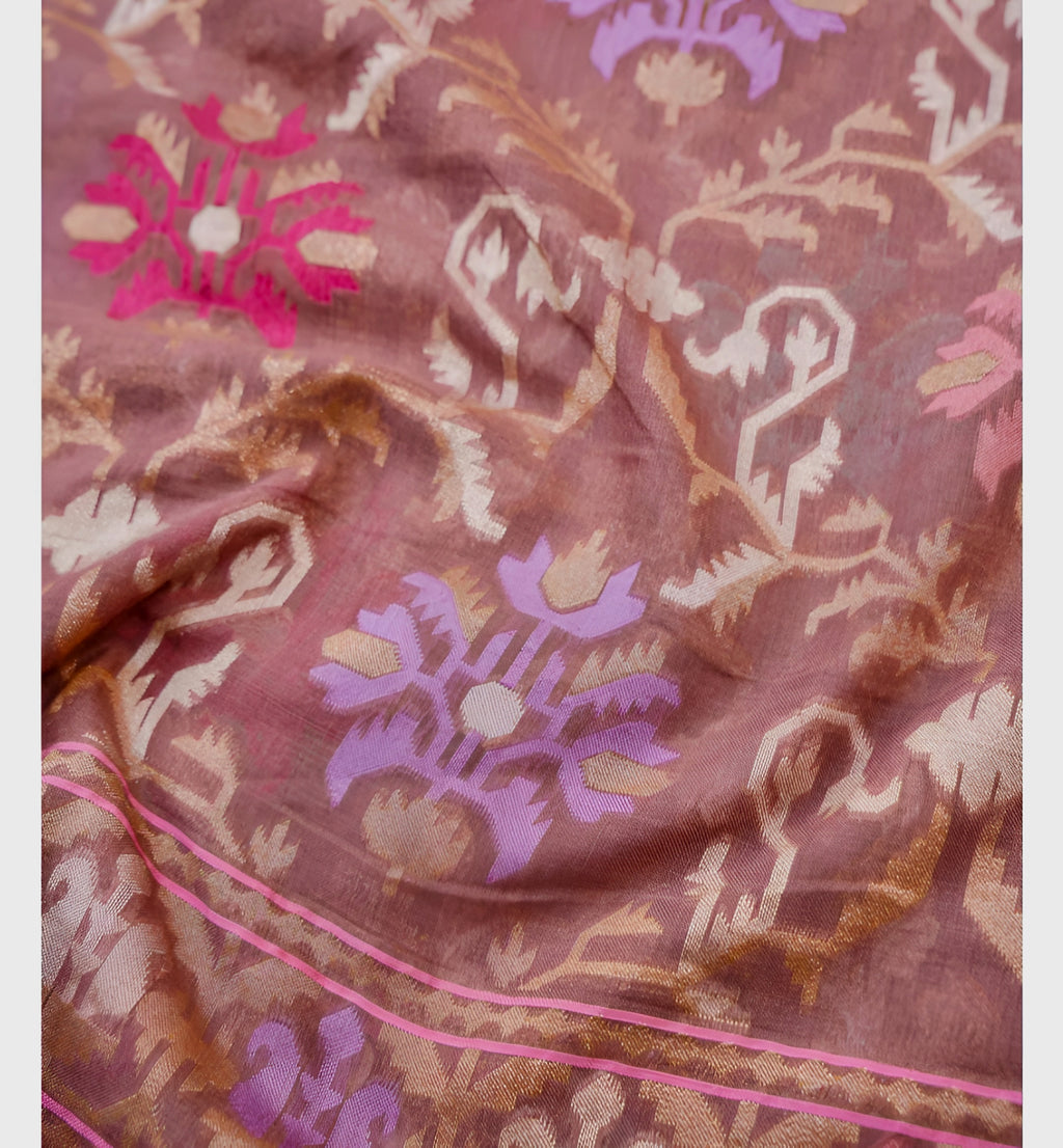 Mauve Pink Shade Handwoven Muslin Kora Ektara Jamdani Saree