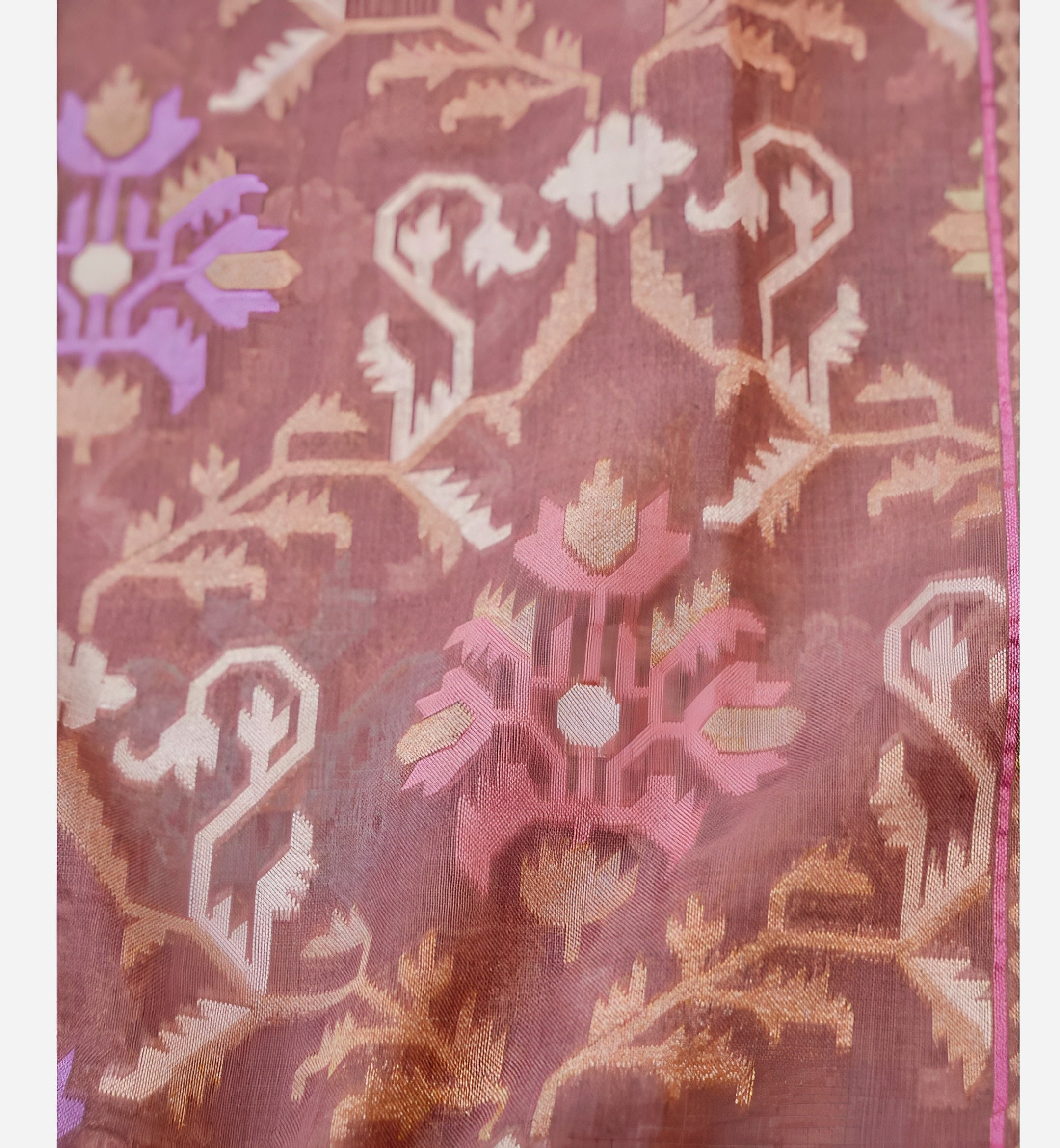 Mauve Pink Shade Handwoven Muslin Kora Ektara Jamdani Saree