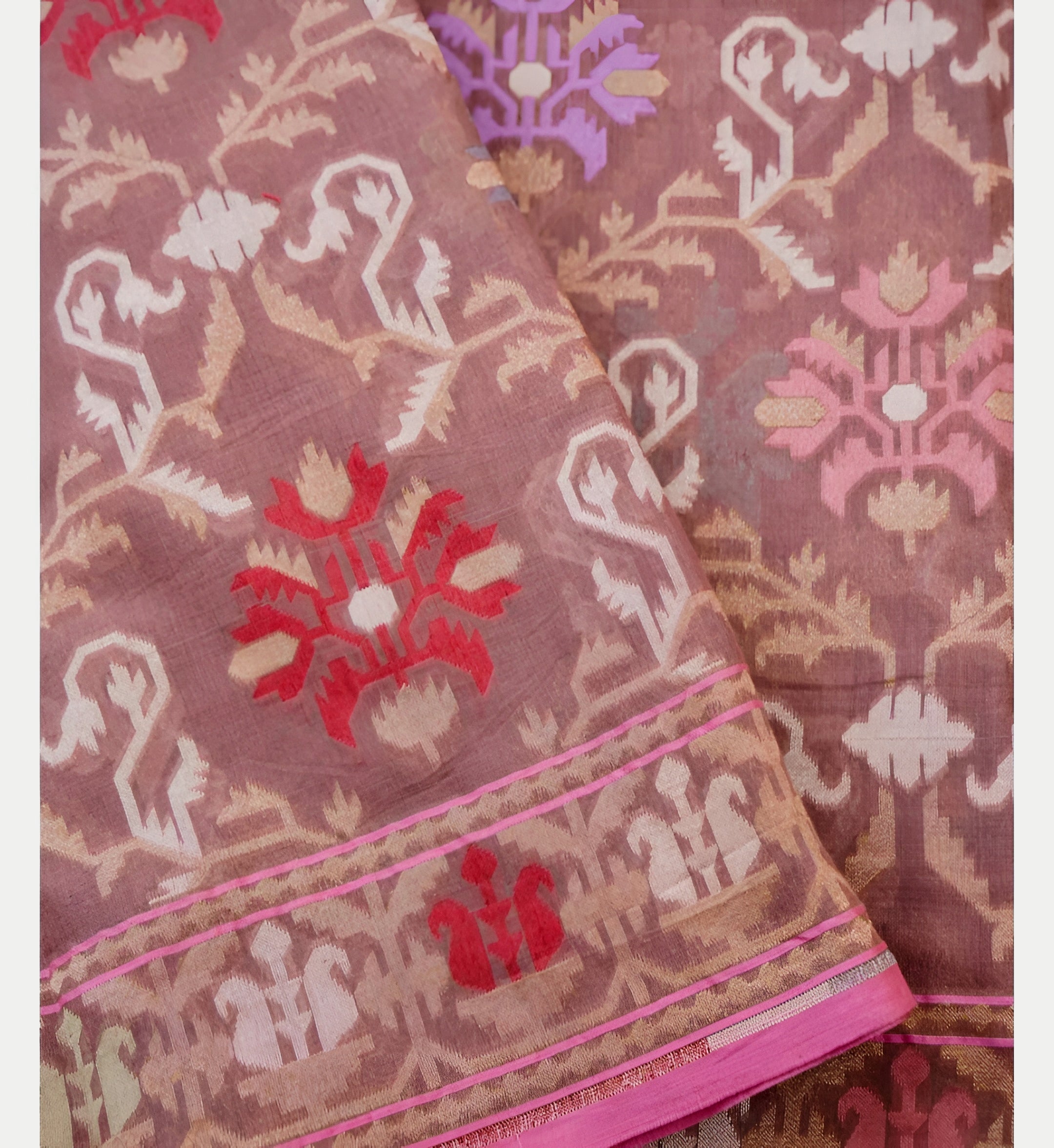 Mauve Pink Shade Handwoven Muslin Kora Ektara Jamdani Saree