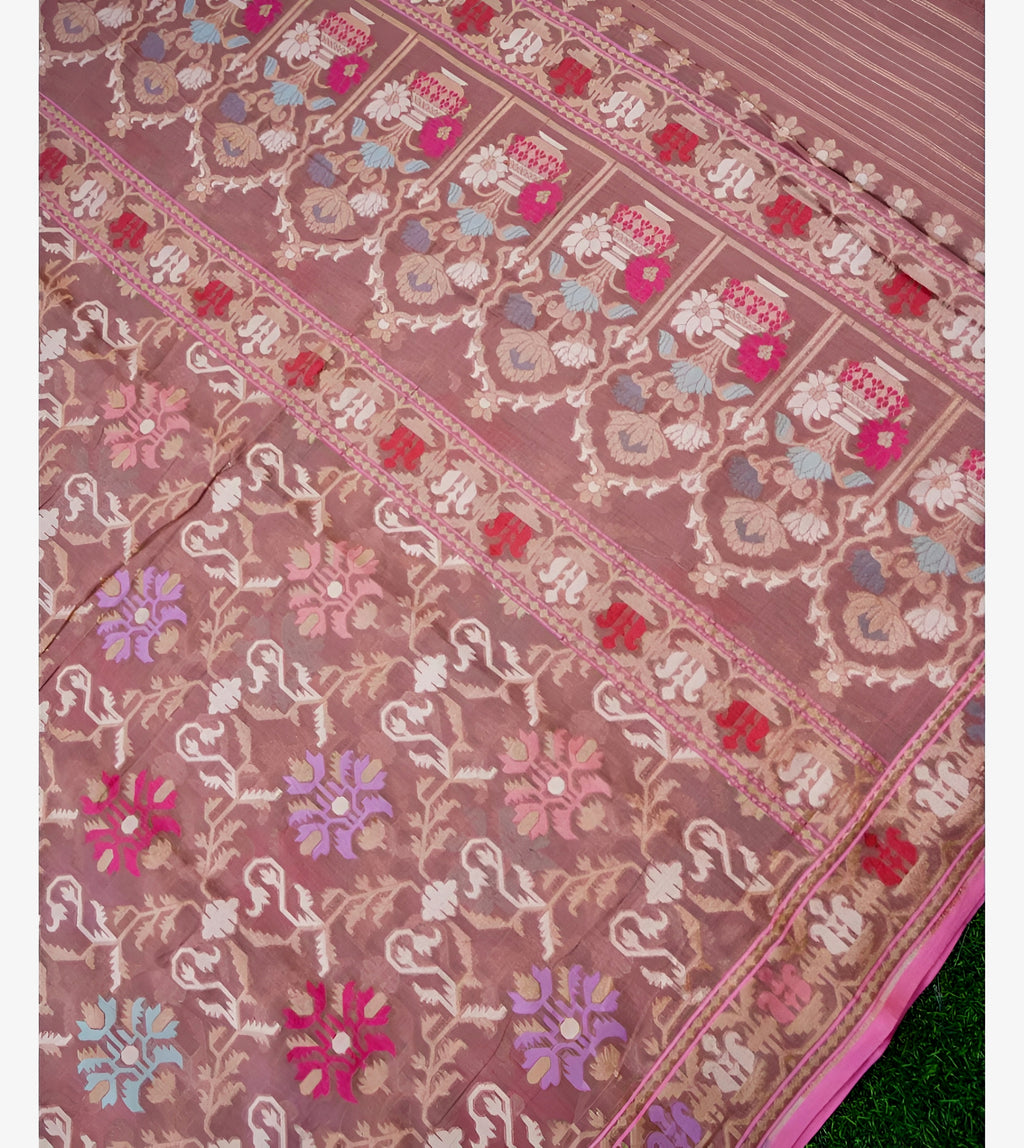 Mauve Pink Shade Handwoven Muslin Kora Ektara Jamdani Saree