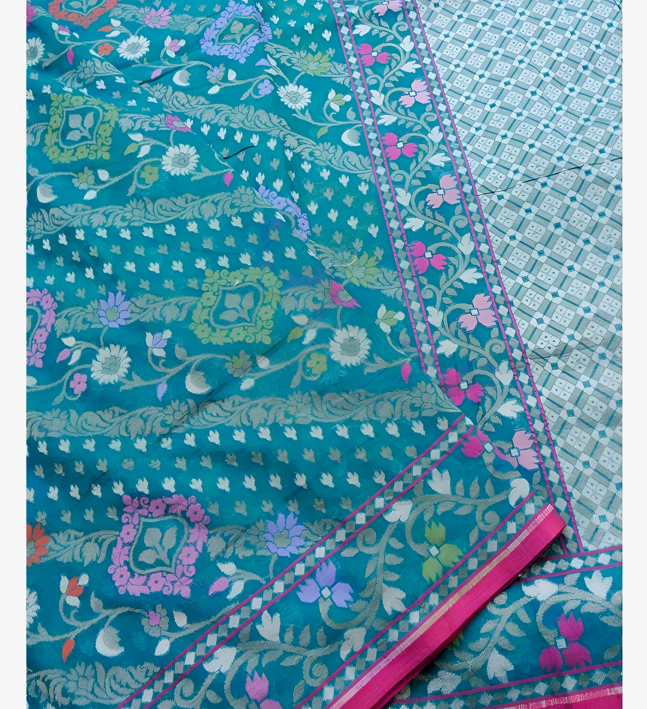 Firozi Blue Shade Handwoven Muslin Kora Ektara Jamdani Saree